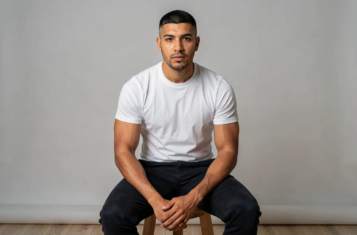 Portrait studio d'un homme hispanique avec une coupe taper fade casquette nette et bien définie sur fond gris neutre