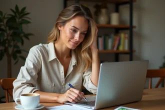 Femme préparant son budget voyage pour les soldes en Italie 2026 avec des notes manuscrites et un ordinateur portable