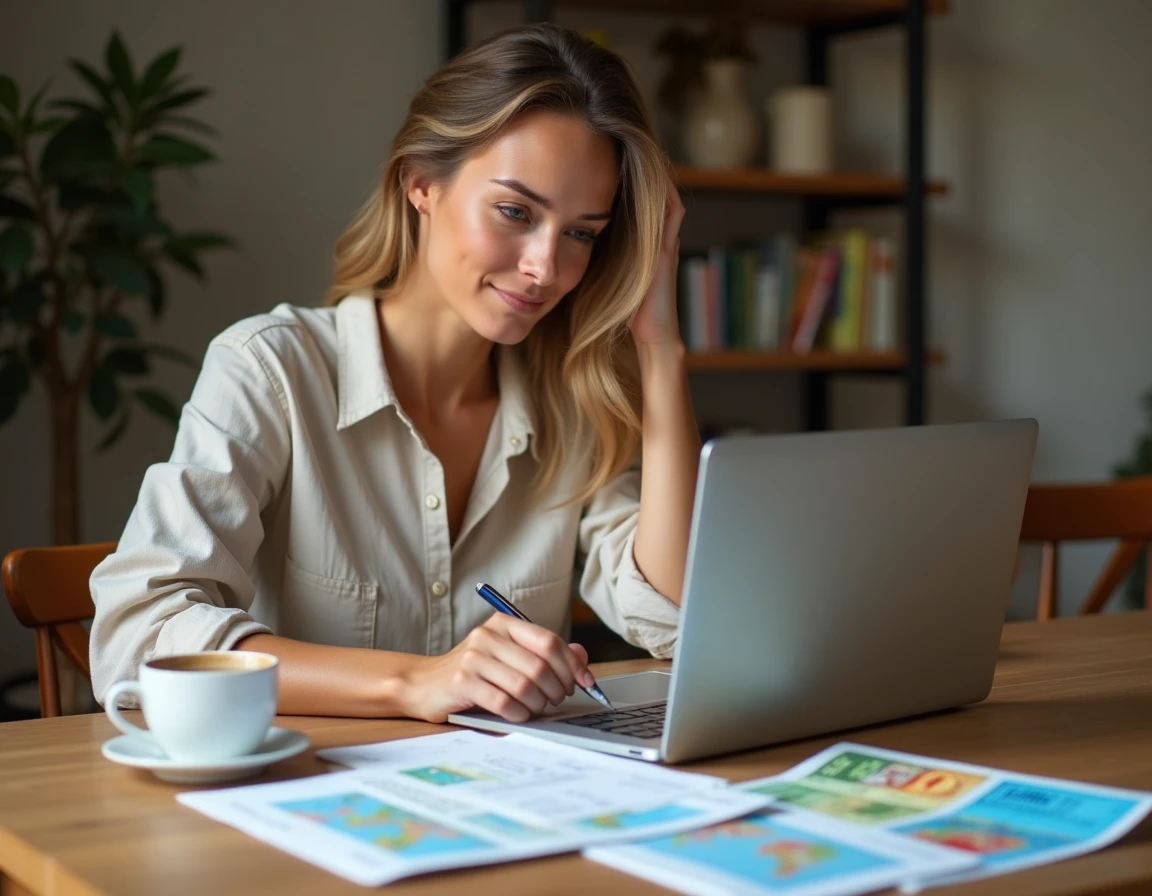 Femme préparant son budget voyage pour les soldes en Italie 2026 avec des notes manuscrites et un ordinateur portable