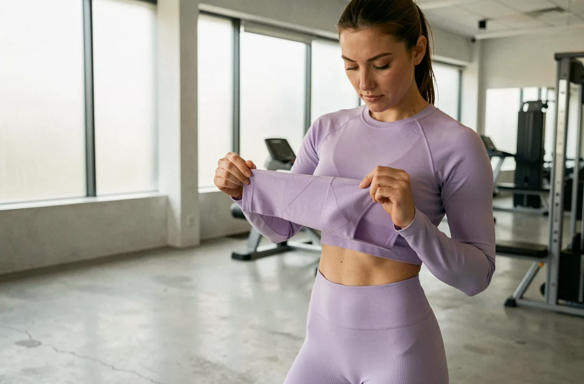 Femme examinant la qualité d'une tenue de sport Halara dans une salle de gym moderne