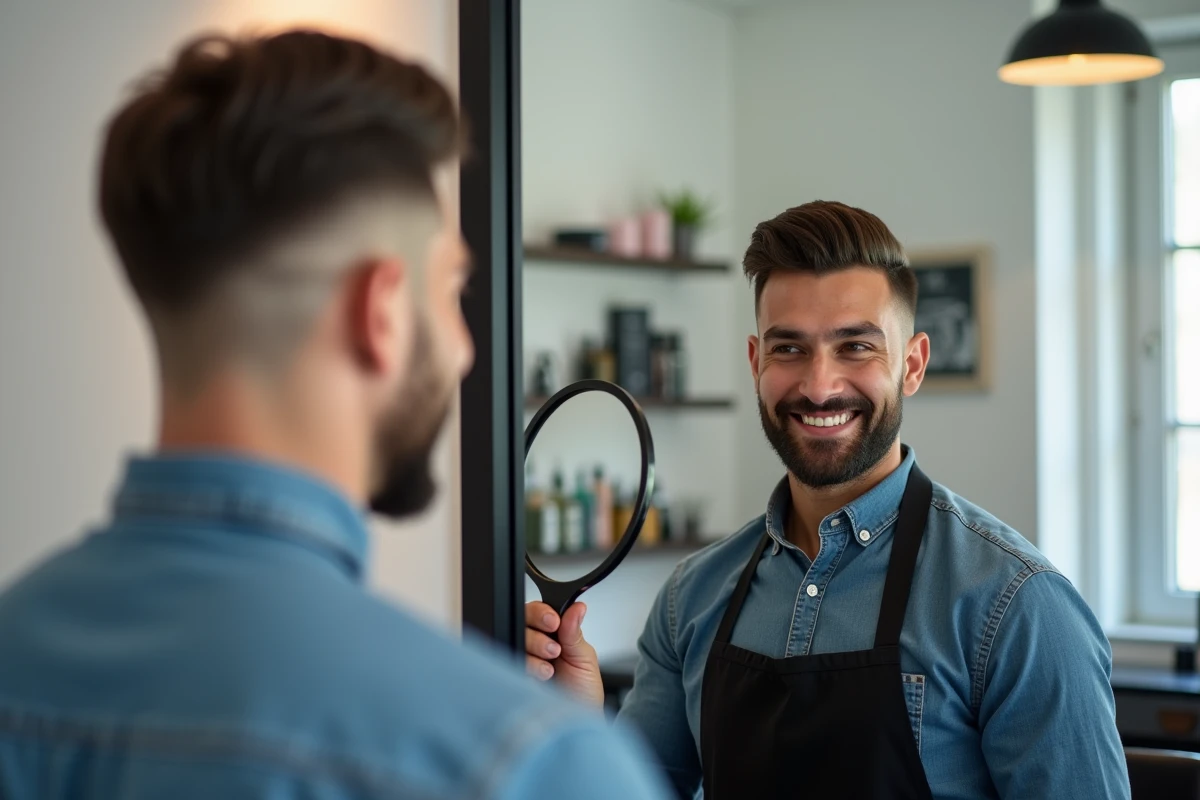 Client et barbier admirant le résultat d'une coupe casquette nette dans un salon de coiffure moderne