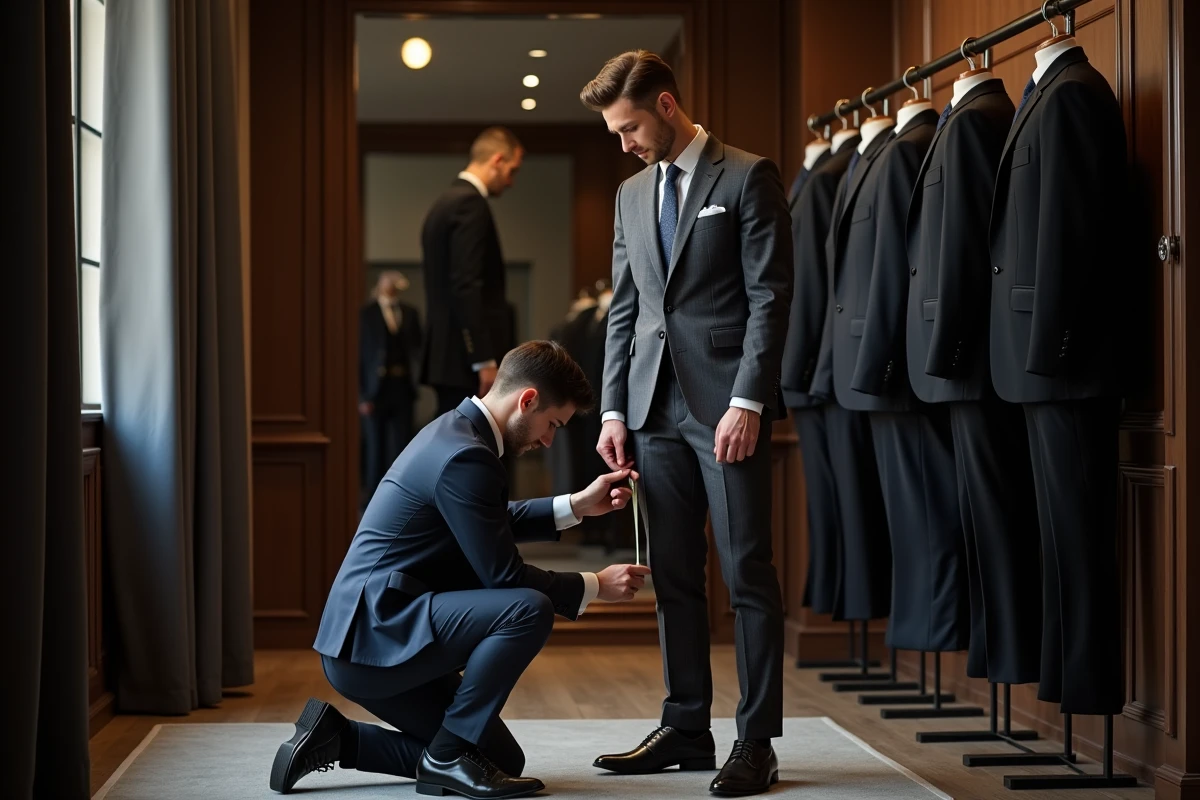 Tailleur mesurant l'ourlet d'un pantalon de costume sur un client dans une boutique de retouches élégante