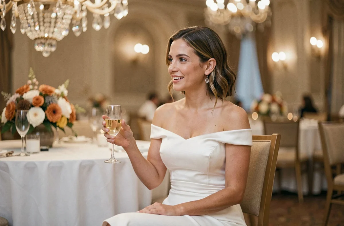 Invitée en robe blanche satiné à bretelles asymétriques lors d'une réception de mariage dans une salle de bal