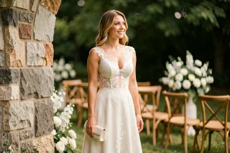 Femme en robe habillée blanche ivoire avec dentelle à un mariage en plein air près d'une arche en pierre