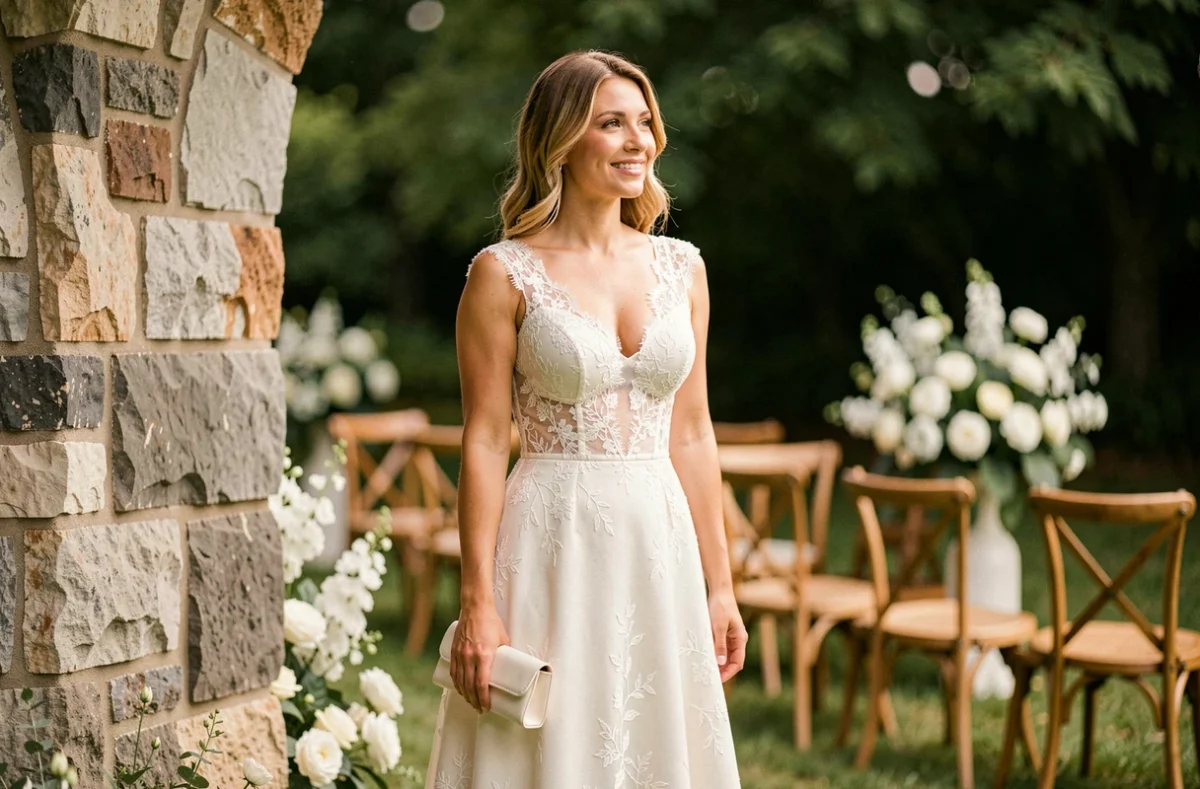 Femme en robe habillée blanche ivoire avec dentelle à un mariage en plein air près d'une arche en pierre