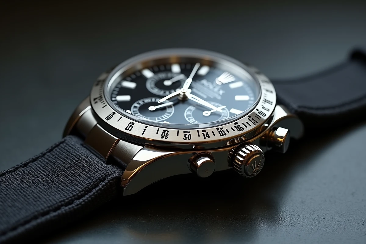 Rolex Daytona en acier posée sur béton brossé, vue en détail avec reflets métalliques naturels