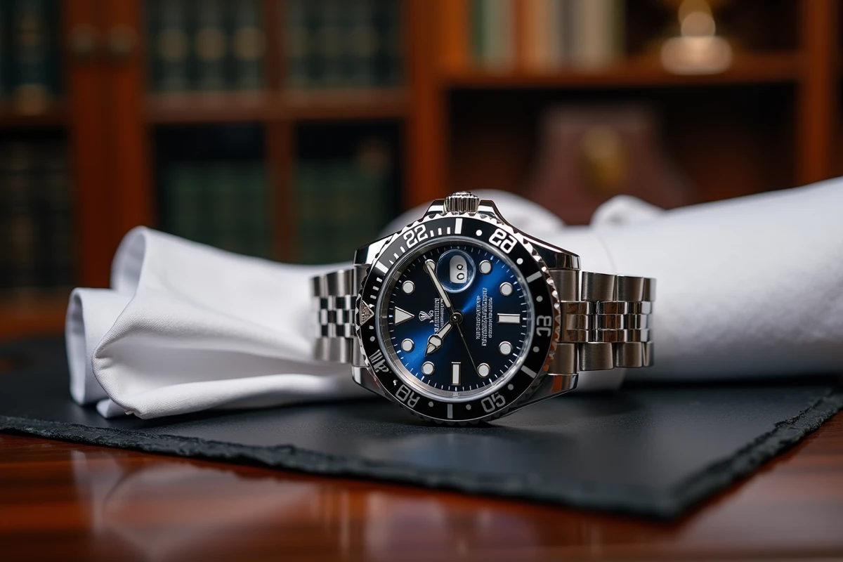 Rolex GMT-Master II Batman cadran noir lunette céramique bleue et noire sur bureau en acajou élégant