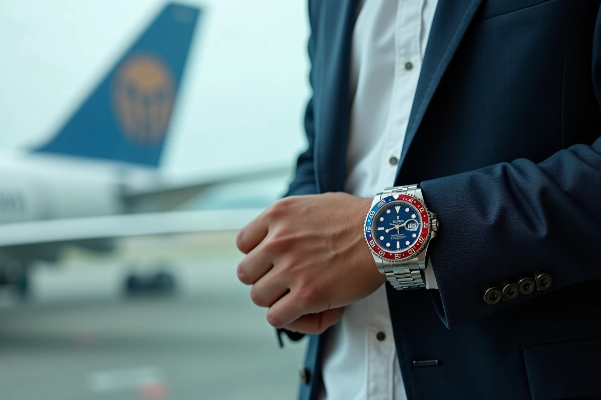 Rolex GMT-Master II Pepsi lunette rouge et bleue au poignet d'un homme en blazer marine dans un aéroport international
