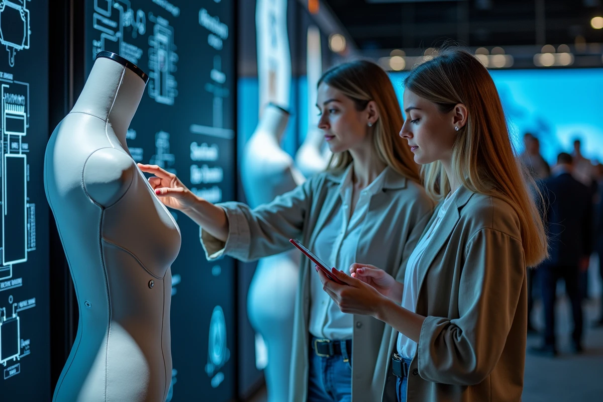 Deux femmes découvrant des vêtements électroniques interactifs sur un stand de salon de la mode technologique