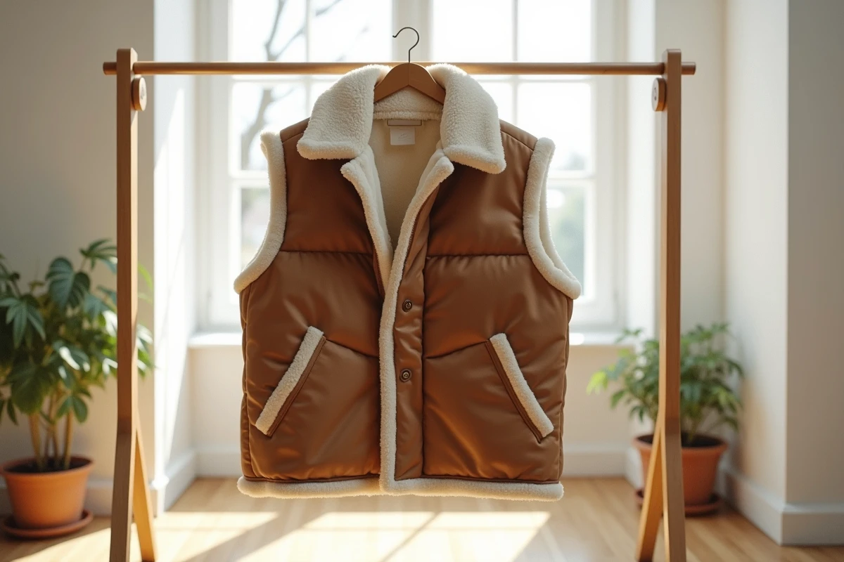 Gilet à doublure sherpa marron suspendu sur un séchoir en bois dans un salon minimaliste scandinave en train de sécher à l'air