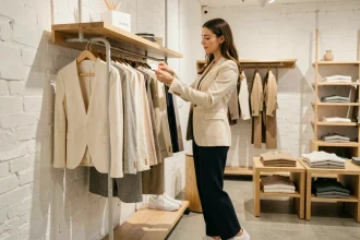Femme élégante faisant du shopping dans une boutique de mode à Nantes, parcourant un portant de vêtements dans un espace minimaliste au décor en bois clair