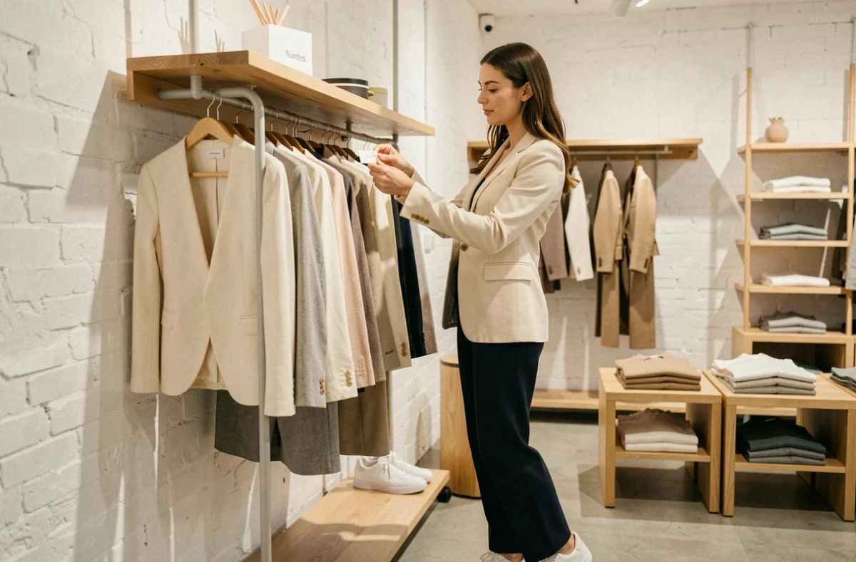 Femme élégante faisant du shopping dans une boutique de mode à Nantes, parcourant un portant de vêtements dans un espace minimaliste au décor en bois clair