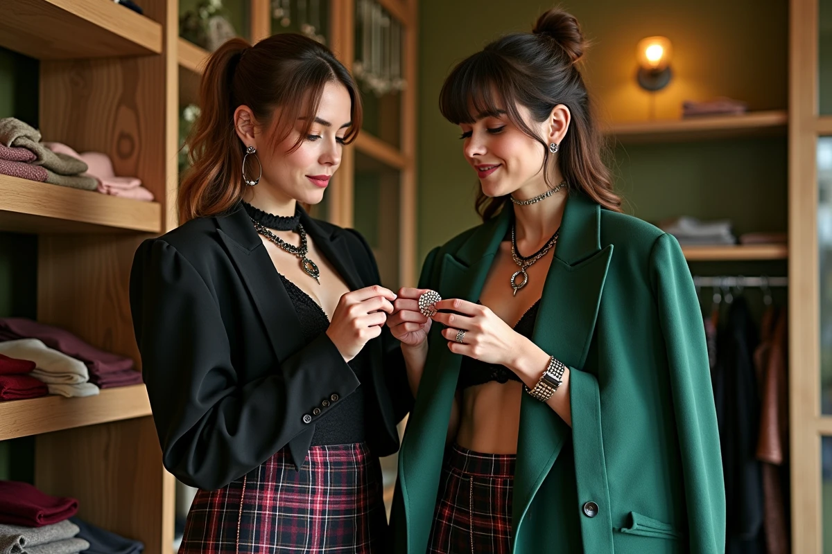 Deux femmes explorant des vêtements inspirés de Vivienne Westwood dans une boutique vintage avec des détails tartan et des accessoires punk