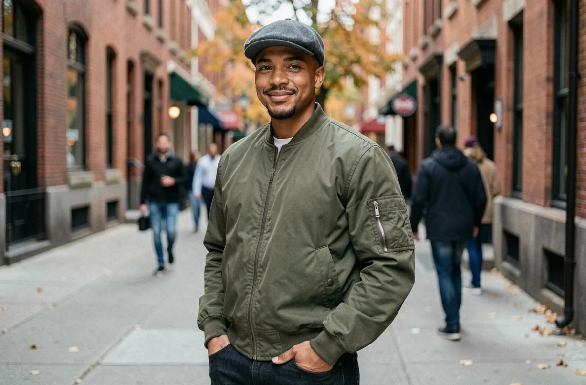 Homme arborant une coupe taper fade casquette en extérieur dans une rue urbaine avec style streetwear automnal