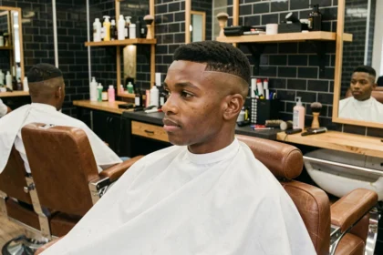 Jeune homme avec une coupe taper fade casquette fraîchement réalisée dans un salon de coiffure urbain moderne