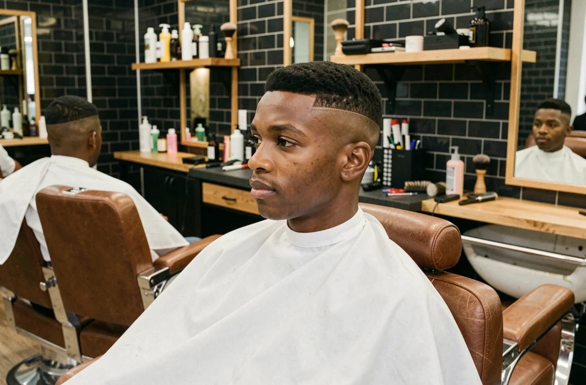 Jeune homme avec une coupe taper fade casquette fraîchement réalisée dans un salon de coiffure urbain moderne