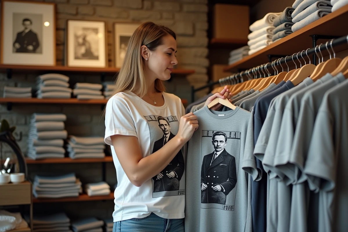 Femme tenant un tee-shirt Charles de Gaulle gris dans une boutique de vêtements au décor patrimonial français