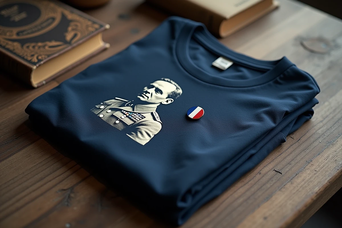 Tee-shirt Charles de Gaulle plié en vue de dessus avec drapeau tricolore et livre d'histoire sur table en bois