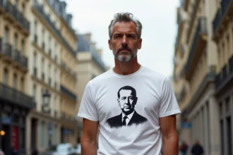 Homme portant un tee-shirt Charles de Gaulle avec portrait graphique noir sur blanc dans une rue parisienne