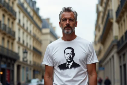 Homme portant un tee-shirt Charles de Gaulle avec portrait graphique noir sur blanc dans une rue parisienne