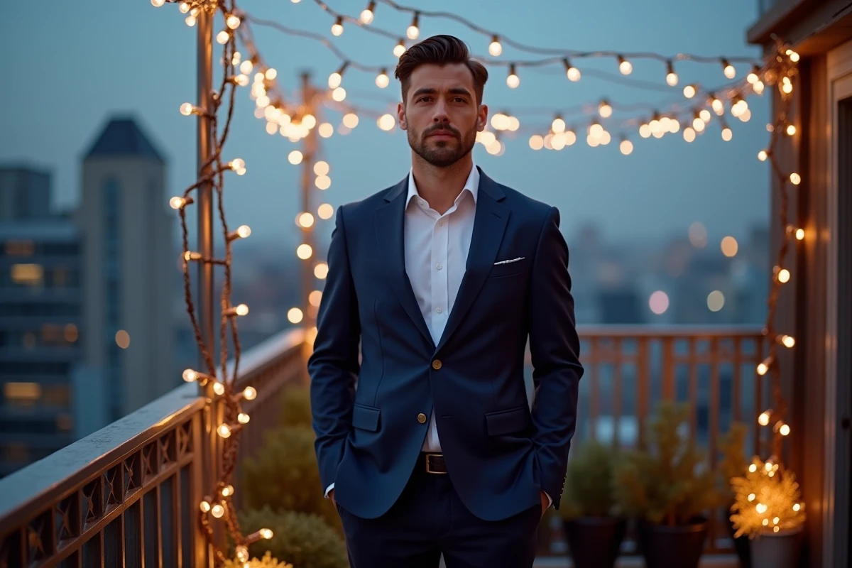 Homme en costume bleu marine pour le réveillon du Nouvel An sur une terrasse urbaine festive