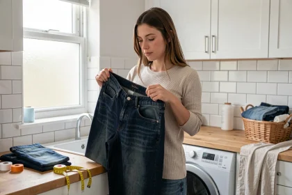 Femme tenant un jean devant sa taille pour vérifier le tour de taille 42, entourée d'accessoires de couture et d'équipements de lavage dans une buanderie domestique