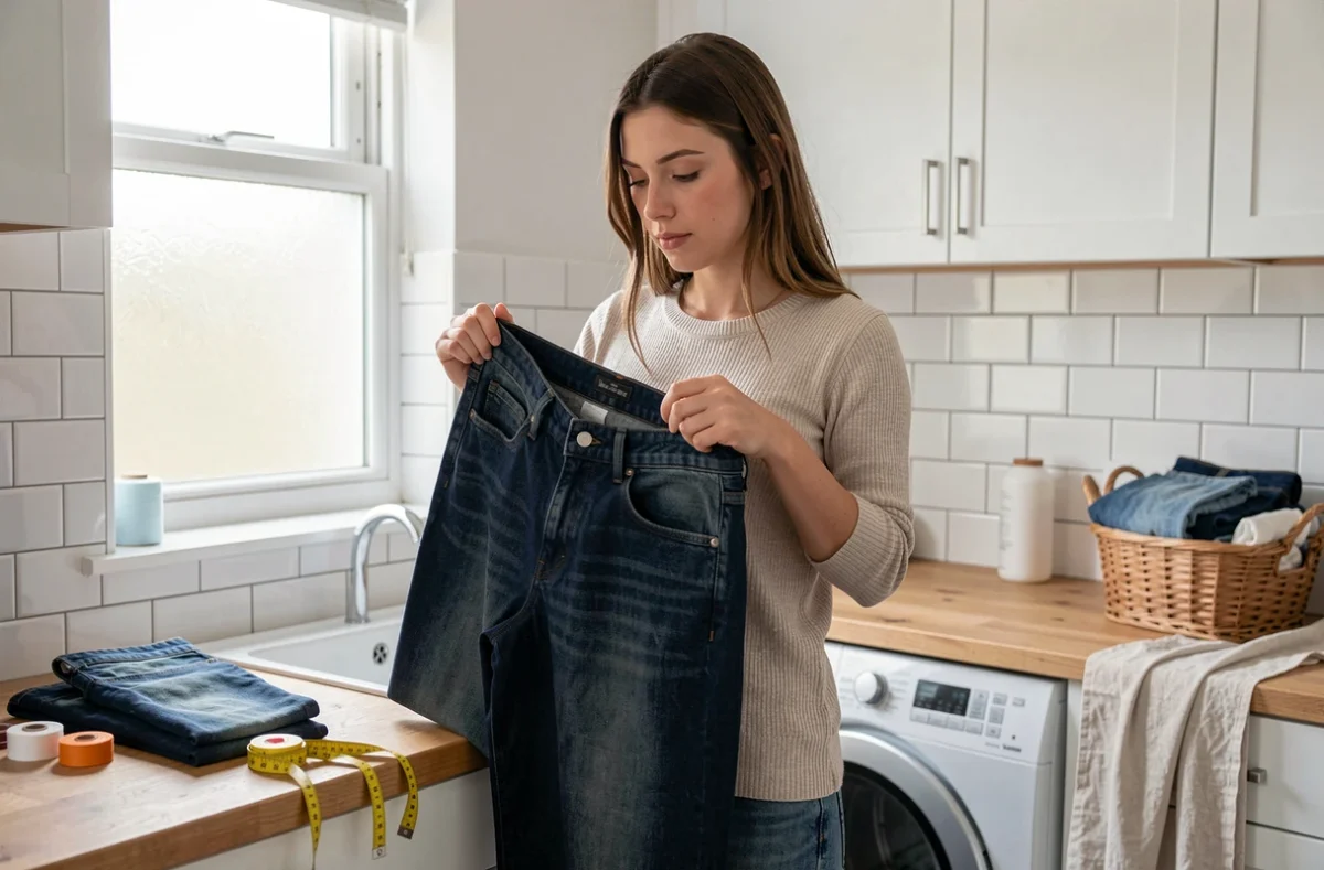 Femme tenant un jean devant sa taille pour vérifier le tour de taille 42, entourée d'accessoires de couture et d'équipements de lavage dans une buanderie domestique