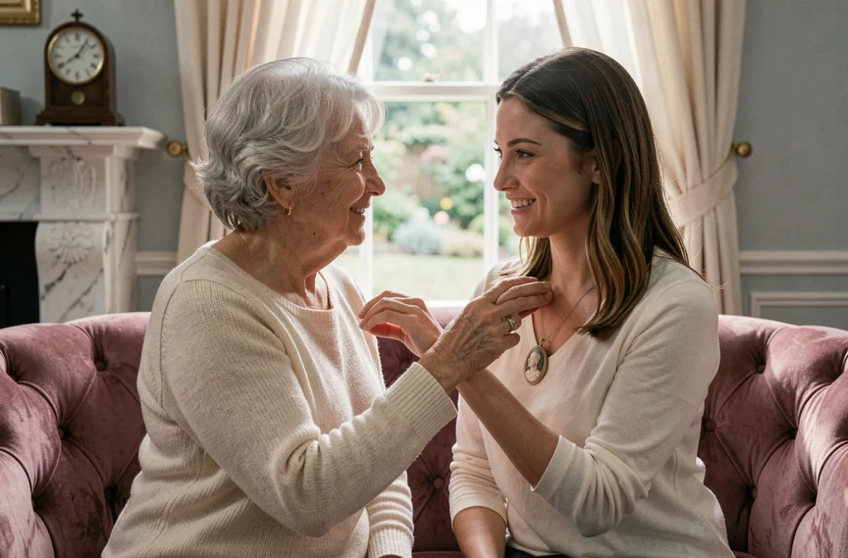 Transmission d'un camée de famille entre deux générations de femmes, symbolisant l'héritage sentimental et la signification du bijou camée