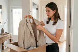 Femme examinant l'étiquette de marque d'un blazer reçu en livraison pour identifier l'origine et la marque du vêtement
