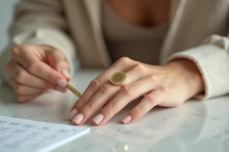 Femme vérifiant la taille d'une bague chevalière dorée sur un bureau en marbre avec guide de tailles