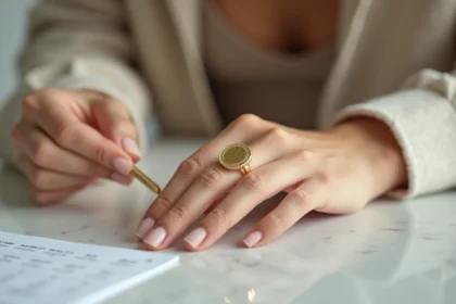 Femme vérifiant la taille d'une bague chevalière dorée sur un bureau en marbre avec guide de tailles