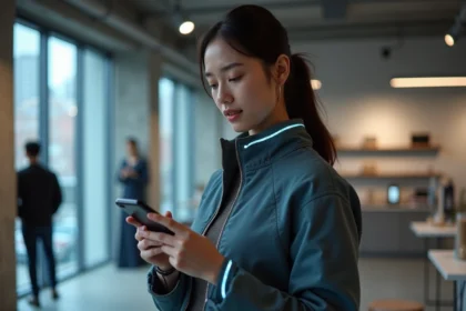 Femme portant une veste connectée avec circuits LED intégrés dans un concept store de mode interactive