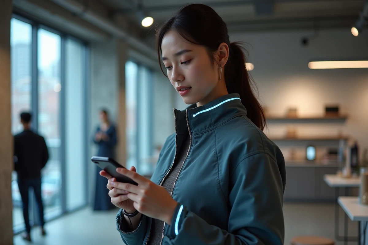 Femme portant une veste connectée avec circuits LED intégrés dans un concept store de mode interactive